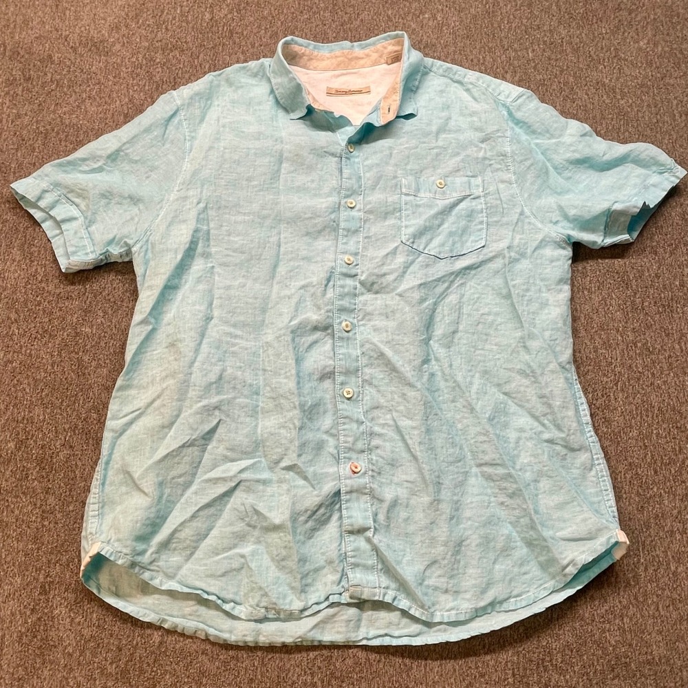 Tommy Bahama Mens XL Blue 100% Linen Short Sleeve Button Down Camp Shirt 0322